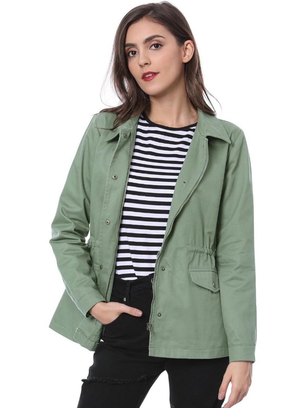 Womens Light Green Zip Up Buttons Drawstring Waist Pockets Anorak Utility Jacket